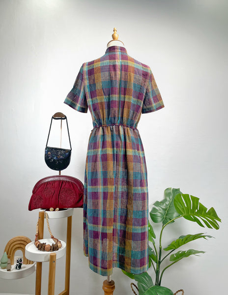 Vintage 1960s 1970s Plaid Midi Dress with Mandarin Collar and Elastic Waist