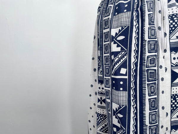 Fenn | Vintage 1980s 1990s geometric monochrome blue and ecru print skirt with pockets