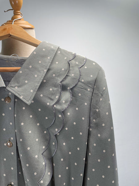 Vintage 60s 70s Light grey Polka Dot Midi Dress with Scalloped Bib Details