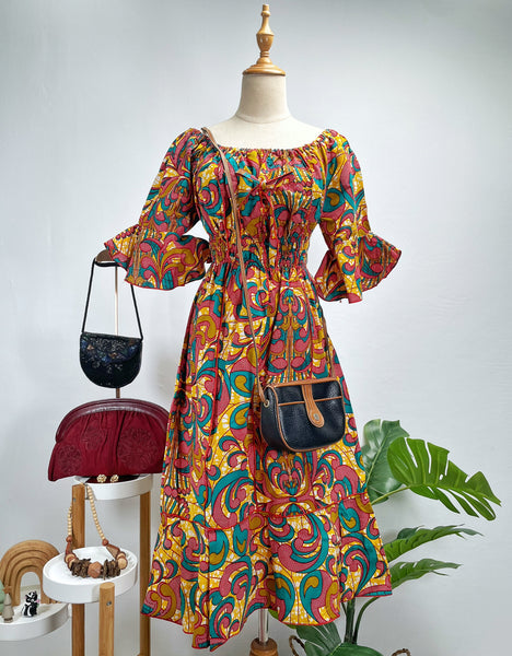 Vintage 70s Psychedelic Print Off-Shoulder Midi Dress | Kaen |