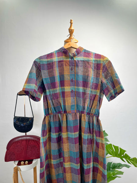 Vintage 1960s 1970s Plaid Midi Dress with Mandarin Collar and Elastic Waist