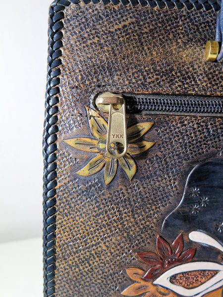 Vintage 60s 70s leather tooled tote bag butterfly flower power hippie boho style