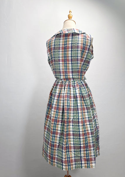 Daphne | Vintage 1980s cheesecloth sleeveless plaid dress with Peter Pan collar and pockets
