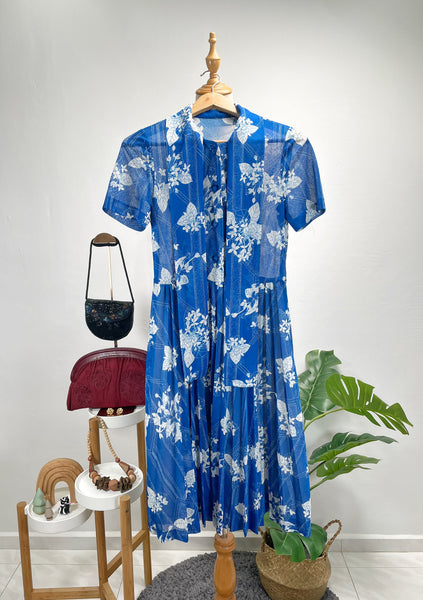 Blue and white floral neck tie dress