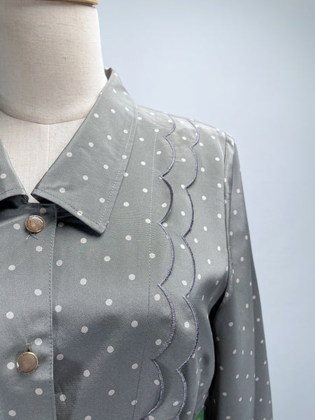 Vintage 60s 70s Light grey Polka Dot Midi Dress with Scalloped Bib Details
