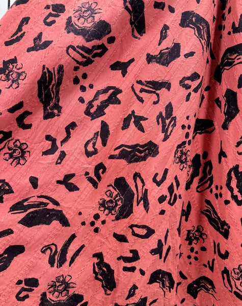 Pink Terracotta 1950s 1960s Abstract Floral High-Waisted A-Line Midi Skirt