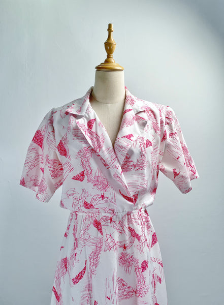 Shelley | Vintage 1980s pop-art abstract scribble print pop-over blazer neckline collared dress