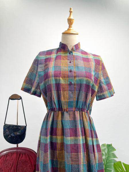 Vintage 1960s 1970s Plaid Midi Dress with Mandarin Collar and Elastic Waist