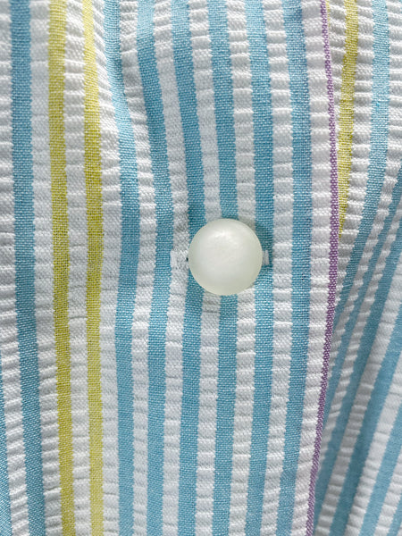 Zelda | Vintage 1950s Blue Purple Yellow Pastel cheesecloth striped dress with pockets and sash