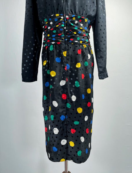 Alice | Signature Vintage 1980s Polka dots everywhere ruched waist cocktail dress