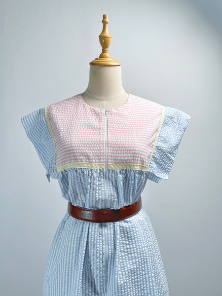 Must Have ! | Lainey | Vintage 1960s 1970s Pastel cheesecloth fabric striped dress shorter with cap sleeves