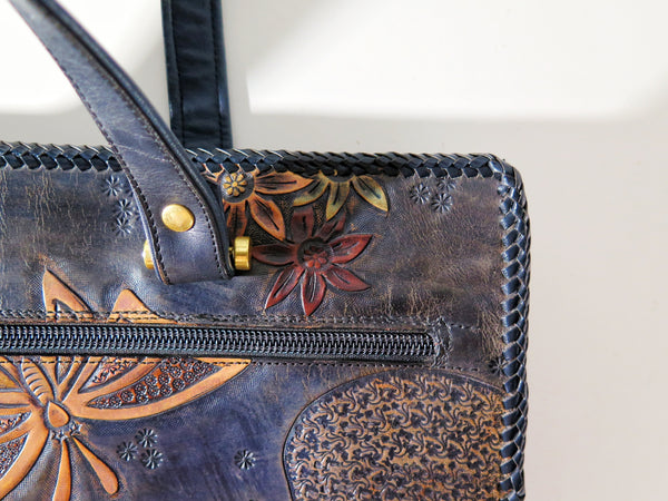 Vintage 60s 70s leather tooled tote bag butterfly flower power hippie boho style