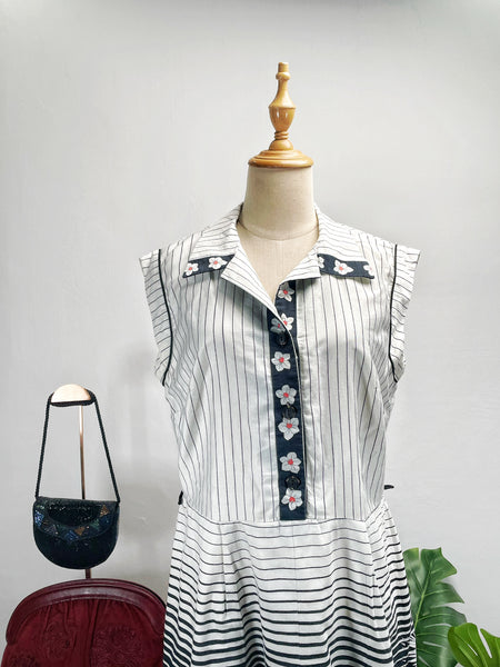 1950s 1960s floral tri-Color pinstripe sleeveless dress | Saffri |