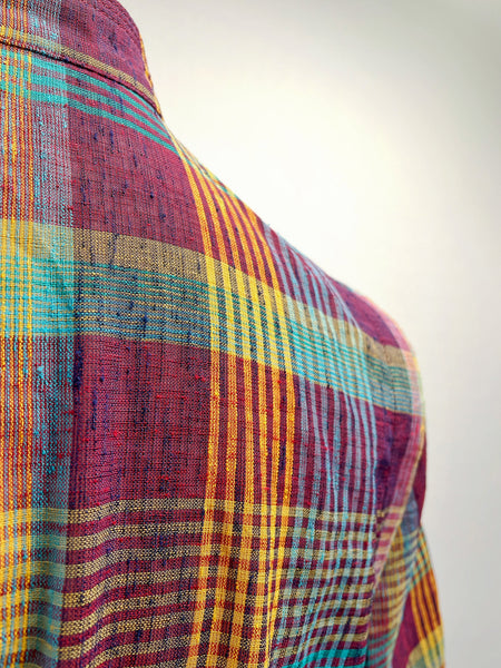 Vintage 1960s 1970s Plaid Midi Dress with Mandarin Collar and Elastic Waist