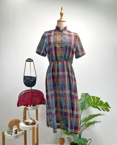 Vintage 1960s 1970s Plaid Midi Dress with Mandarin Collar and Elastic Waist