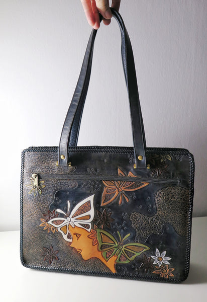 Vintage 60s 70s leather tooled tote bag butterfly flower power hippie boho style