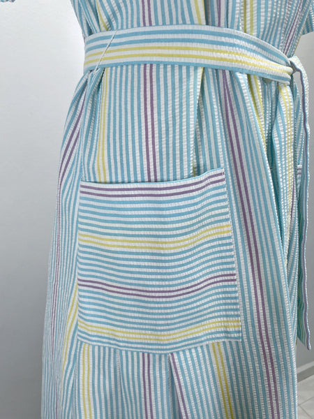 Zelda | Vintage 1950s Blue Purple Yellow Pastel cheesecloth striped dress with pockets and sash
