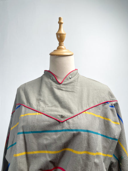 Zian | Vintage 1980s red-trimmed mini swan-collar multi-colored stripes cotton dress