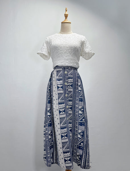 Fenn | Vintage 1980s 1990s geometric monochrome blue and ecru print skirt with pockets