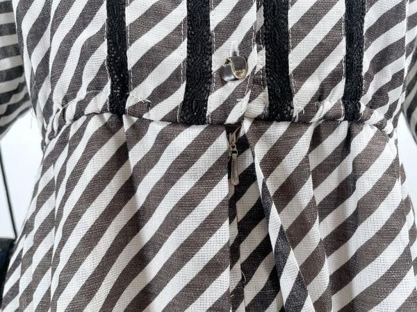 Vintage 60s 70s Striped Black and white Midi Dress | A-Line Lace Trim Day Dress