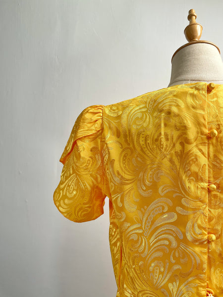 Must-have | Florence | Vintage 1960s 1970s embossed Royal Yellow satin like dress with Tulip sleeves