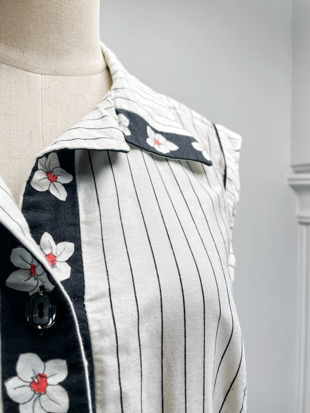 1950s 1960s floral tri-Color pinstripe sleeveless dress | Saffri |
