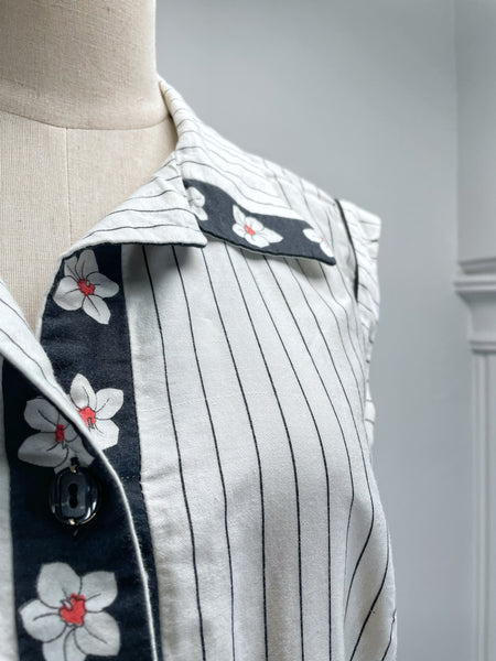 1950s 1960s floral tri-Color pinstripe sleeveless dress | Saffri |
