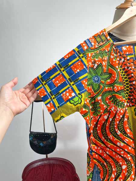 Vintage Vibrant African Wax Batik Print High-Slit Maxi Tunic / Kaftan Dress