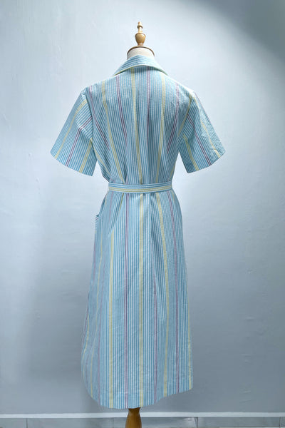 Zelda | Vintage 1950s Blue Purple Yellow Pastel cheesecloth striped dress with pockets and sash