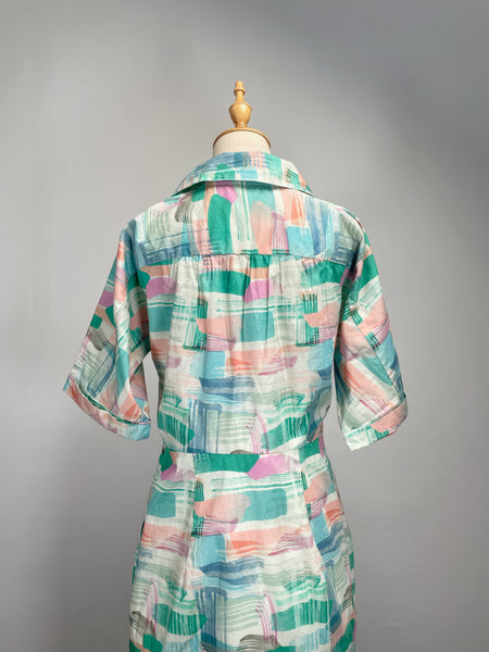 Frances | Vintage 1980s-does-1940s pastel watercolour print large collared fitted silhouette dress with pockets