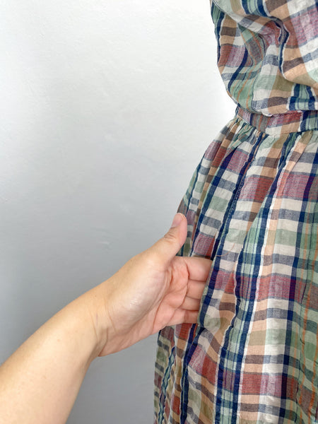 Daphne | Vintage 1980s cheesecloth sleeveless plaid dress with Peter Pan collar and pockets