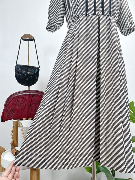 Vintage 60s 70s Striped Black and white Midi Dress | A-Line Lace Trim Day Dress