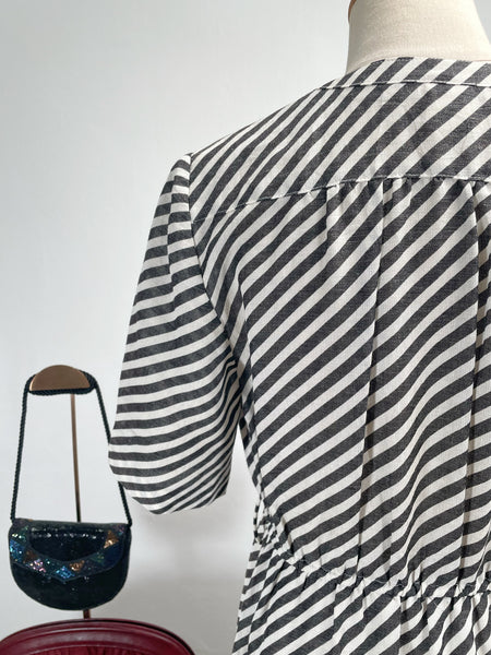 Vintage 60s 70s Striped Black and white Midi Dress | A-Line Lace Trim Day Dress