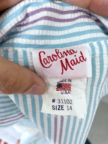 Zelda | Vintage 1950s Blue Purple Yellow Pastel cheesecloth striped dress with pockets and sash