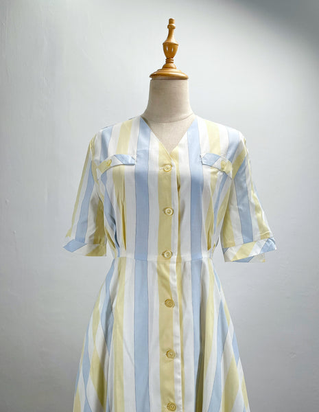 Sal | Vintage 1980s light grey yellow pastel blue fit-and-flare dress (Copy)