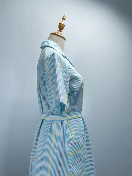 Zelda | Vintage 1950s Blue Purple Yellow Pastel cheesecloth striped dress with pockets and sash