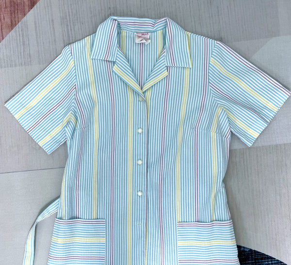 Zelda | Vintage 1950s Blue Purple Yellow Pastel cheesecloth striped dress with pockets and sash