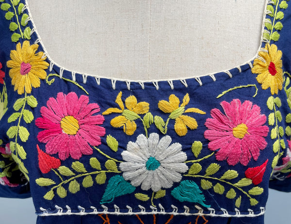 Valencia | Vintage 1960s 1970s Navy blue embroidered Mexican Kaftan Dress
