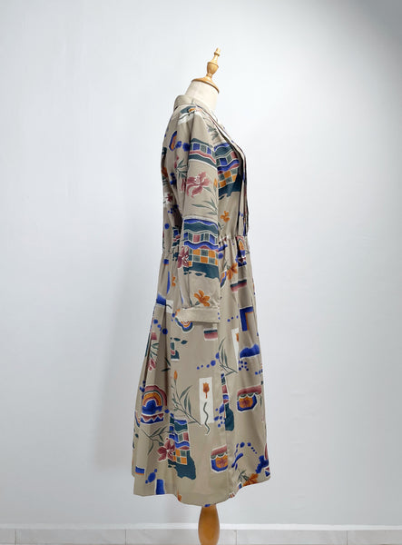 Emily | Vintage 1980s Fletcher Jones Australia novelty abstract print pleated button-down dress
