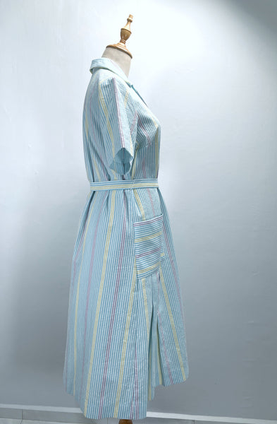 Zelda | Vintage 1950s Blue Purple Yellow Pastel cheesecloth striped dress with pockets and sash