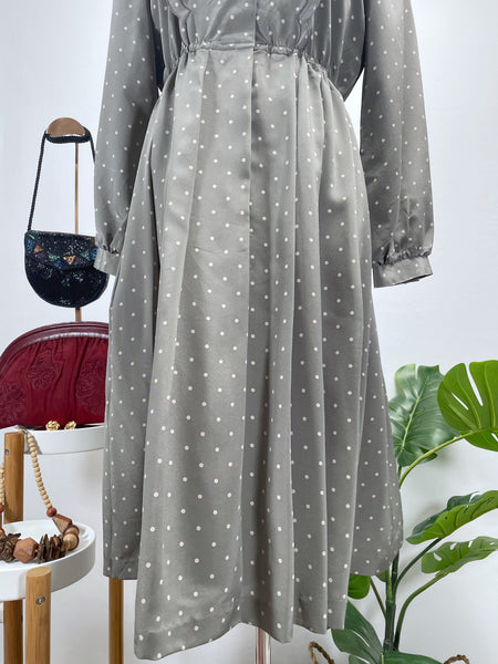 Vintage 60s 70s Light grey Polka Dot Midi Dress with Scalloped Bib Details