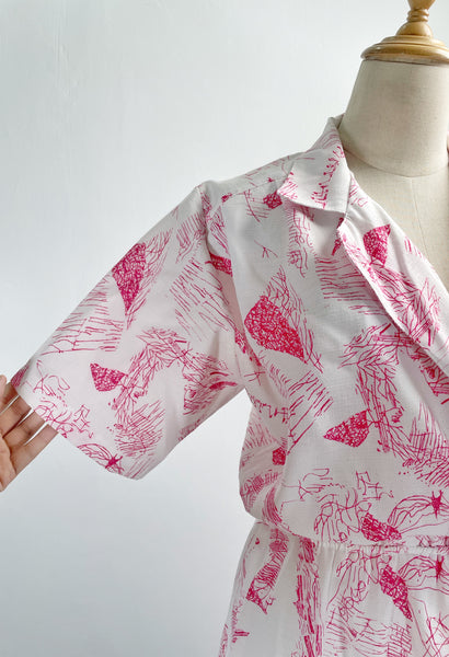 Shelley | Vintage 1980s pop-art abstract scribble print pop-over blazer neckline collared dress