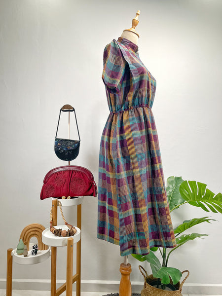 Vintage 1960s 1970s Plaid Midi Dress with Mandarin Collar and Elastic Waist