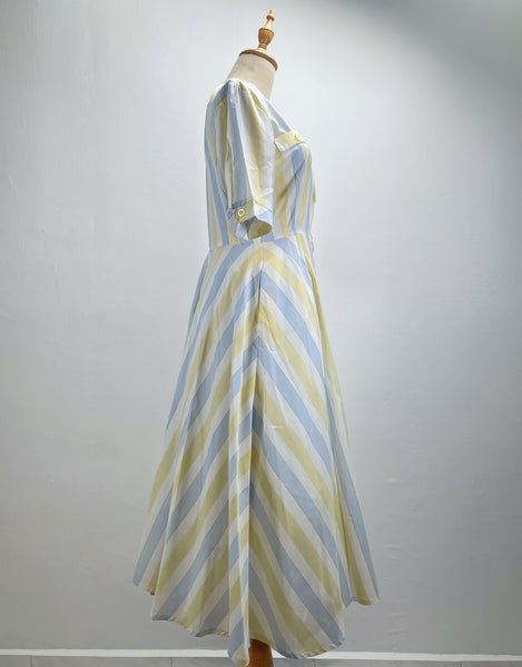 Sal | Vintage 1980s light grey yellow pastel blue fit-and-flare dress (Copy)