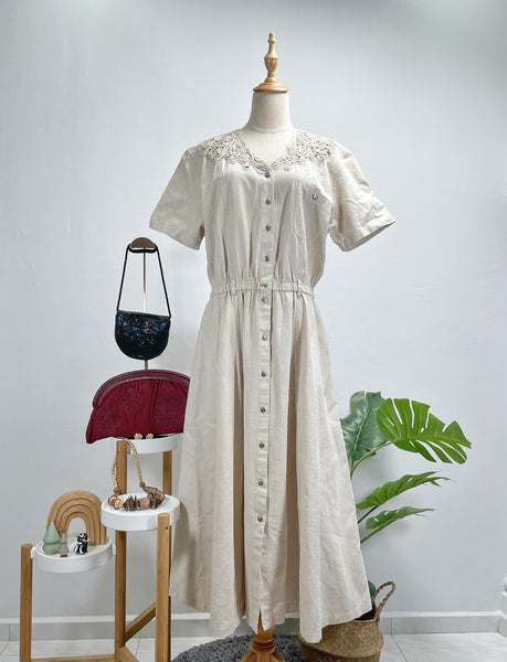 { Rare Find } Vintage 80s Together! Linen Blend Crochet Lace Accent Midi Dress