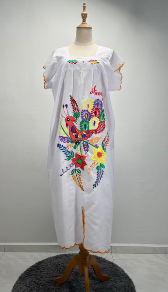 Rainforest | Nicaragua embroidered long kaftan with scalloped sleeves and hem