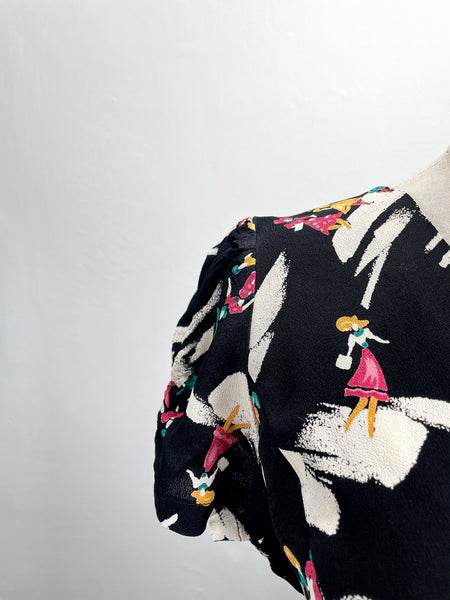 Gaia | Vintage 1940s novelty print fashion girls flared dress with belt tie