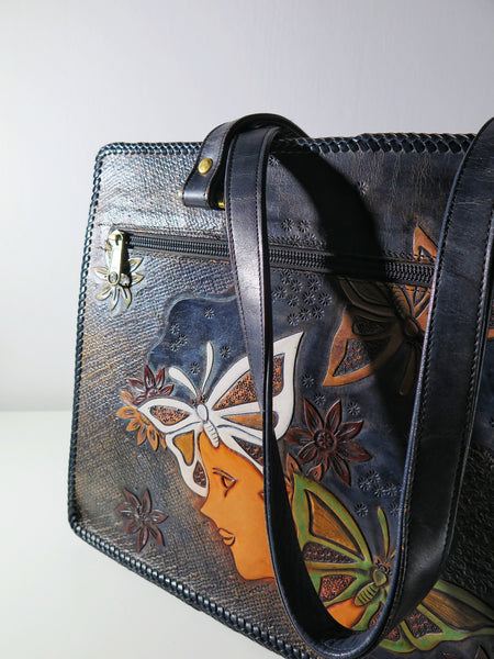 Vintage 60s 70s leather tooled tote bag butterfly flower power hippie boho style