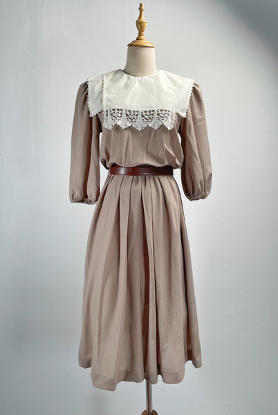 Amy Anne | Vintage 1980s-does-1900s Victorian-style lace bib khaki beige dress