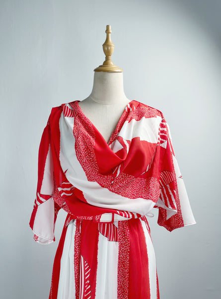 Sasha | Vintage 1980s cowl-neck flowy chiffon geometric print dress